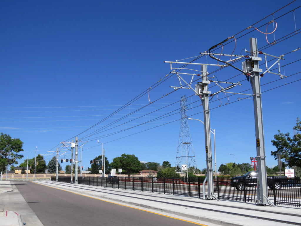 Track was placed down the center of Exposition Avenue to create a downtown urban environment.