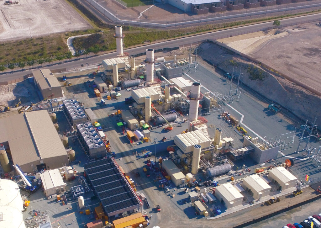 Combustion turbines unit 1, 2 and 3 are seen from overhead at the Pio Pico Energy Center project.