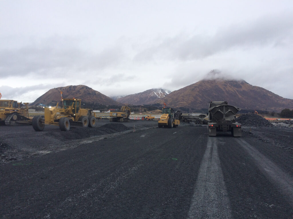 Subbase materials are placed at the end of Kodiak Airport’s runway 25.