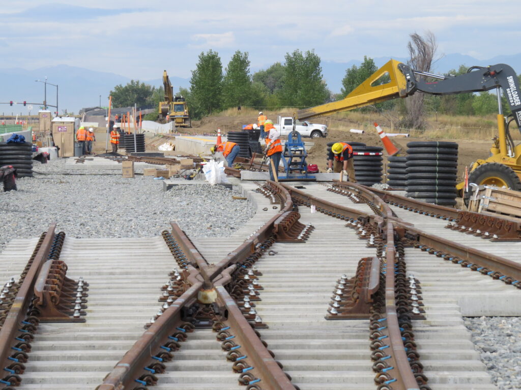 Crews place ties along Fitzsimons Parkway. The Fitzsimons stations will service patients and employees of the Fitzsimons Medical Campus, CU Anschutz Medical Center and the U.S. Department of Veterans Affairs Eastern Colorado Medical Centers.