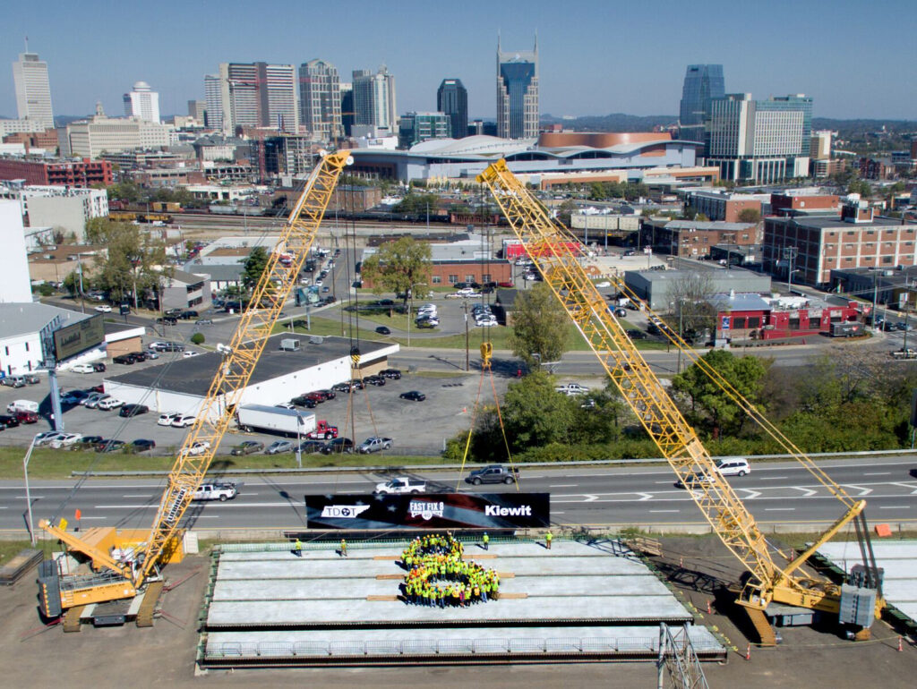Kiewit’s Fast Fix 8 team poses in the south yard on top of the Charlotte Avenue westbound structure.