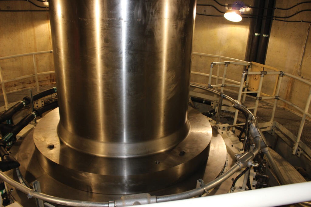 The shaft of a turbine inside Smoky Falls Generating Station.