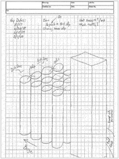 Imagen de un boceto en papel cuadriculado para indicar el diseño preliminar