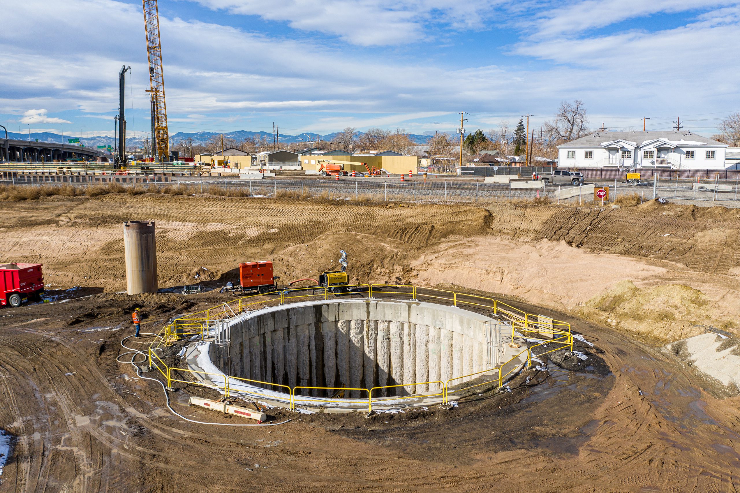 Thirty-two secant pile shafts  were drilled for the pump station shaft on the Central 70 project in Colorado. Each secant pile shaft was 38 inches in diameter and 60 feet deep. The team is also installing 615 grout columns and 1,123 drilled shafts on the project.