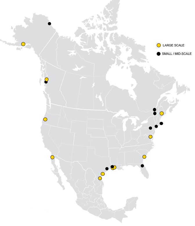 A map of north america with black and yellow dots to represent large and small scale LNG project experience across North America