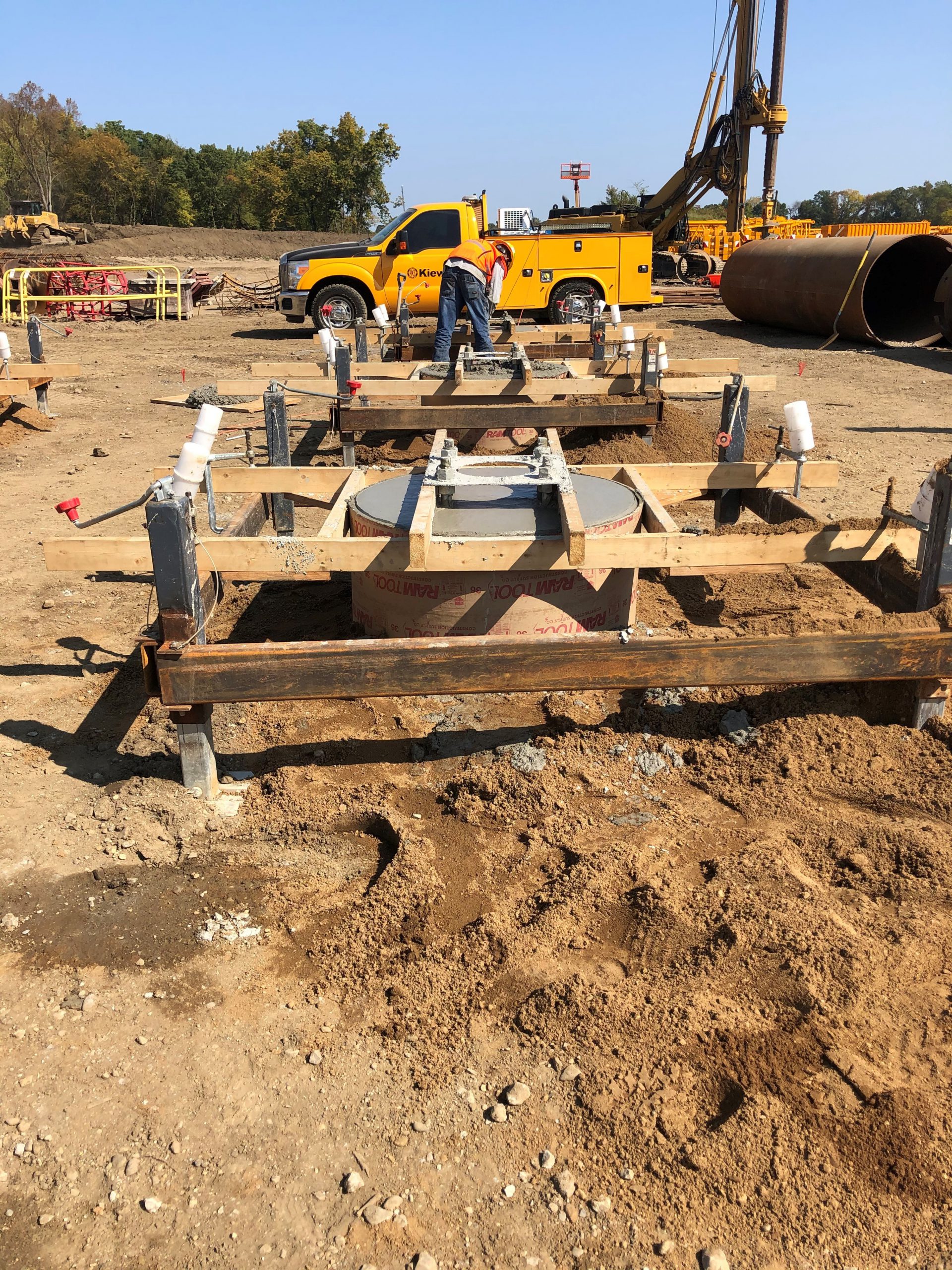 Crews install drilled piers to support the 345-kilovolt collector yard structures.