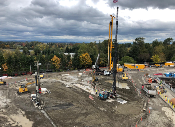 Ground improvement techniques, such as deep soil mixing and jet grouting, prepared the soil to ensure new structures were stabilized and met updated seismic standards in the event of an earthquake. 