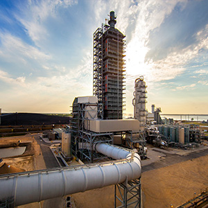 Image of a carbon capture facility at dusk