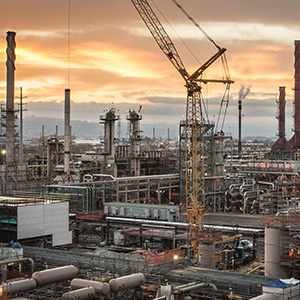 Imagen de una refinería al atardecer