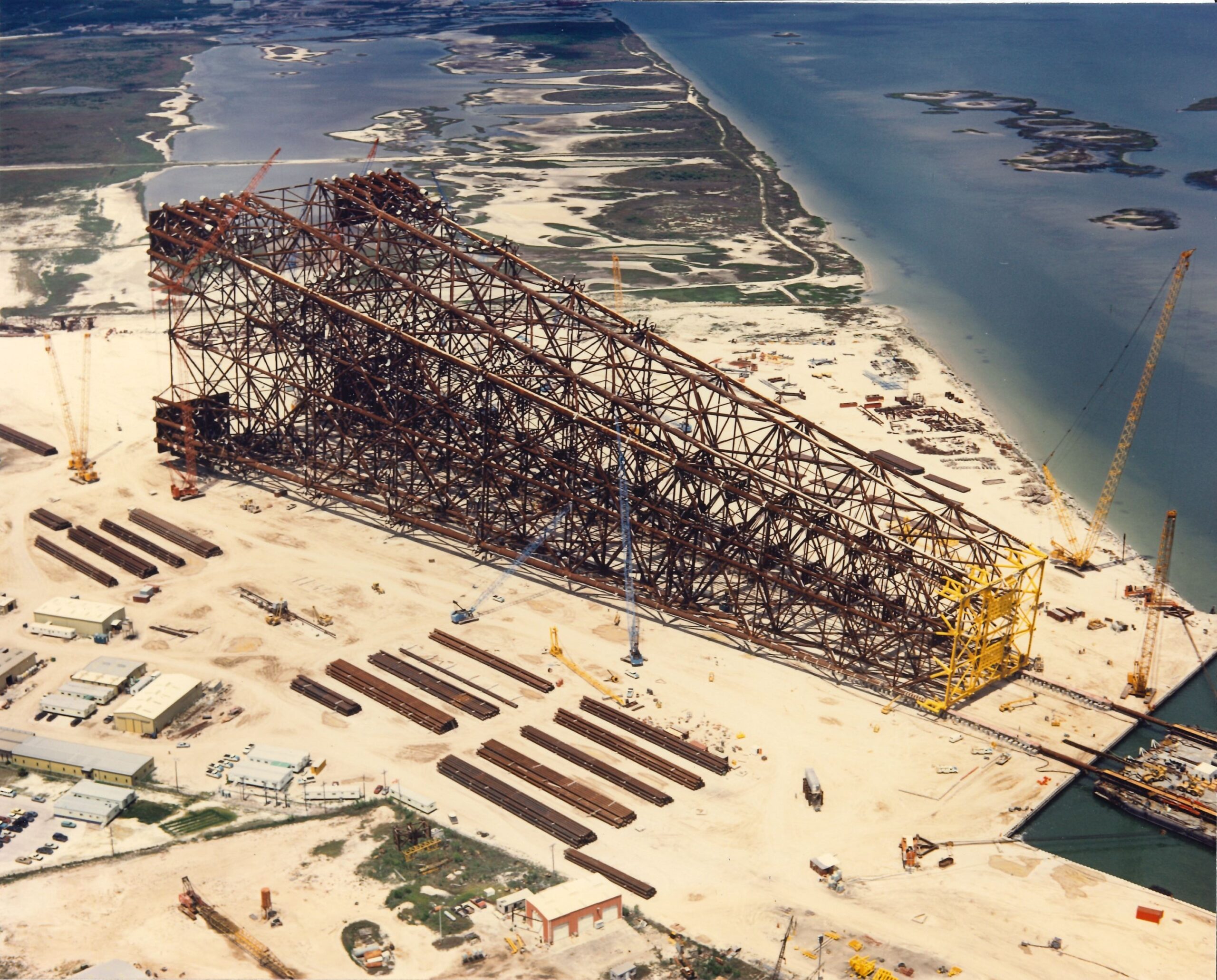 An aerial view of the 1,352-foot Bullwinkle platform jacket during fabrication in the 1980s.