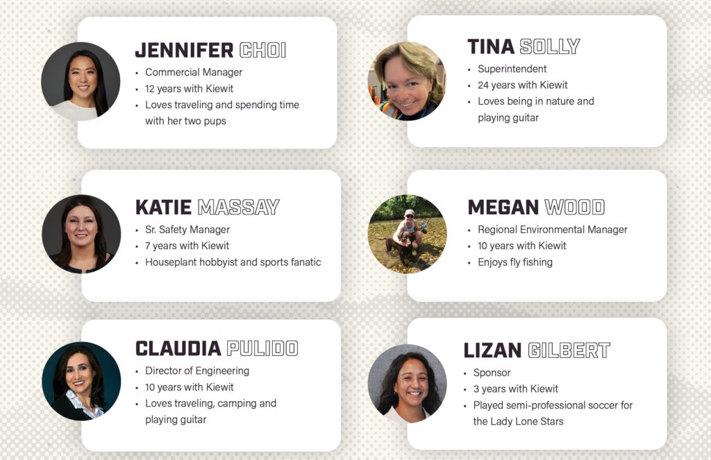 Jennifer Choi: • Commercial Manager • 12 years with Kiewit • Loves traveling and spending time with her two pups Tina Solly • Superintendent • 24 years with Kiewit • Loves being in nature and playing guitar Katie Massay • Sr. Safety Manager • 7 years with Kiewit • Houseplant hobbyist and sports fanatic Megan Wood • Regional Environmental Manager • 10 years with Kiewit • Enjoys fly fishing Claudia Pulido • Regional Environmental Manager • 10 years with Kiewit • Enjoys fly fishing Lizan Gilbert • Regional Environmental Manager • 10 years with Kiewit • Enjoys fly fishing