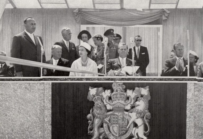Peter Kiewit, back row left, and Queen Elizabeth II, front row centre, attend a ribbon-cutting ceremony to officially open the George Massey Tunnel in 1959.