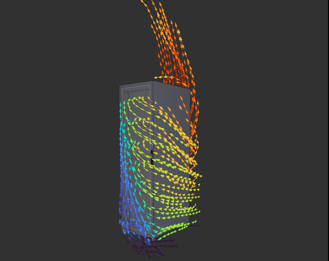Computational fluid dynamics modeling shows how heat moves around a server rack in a data center environment.