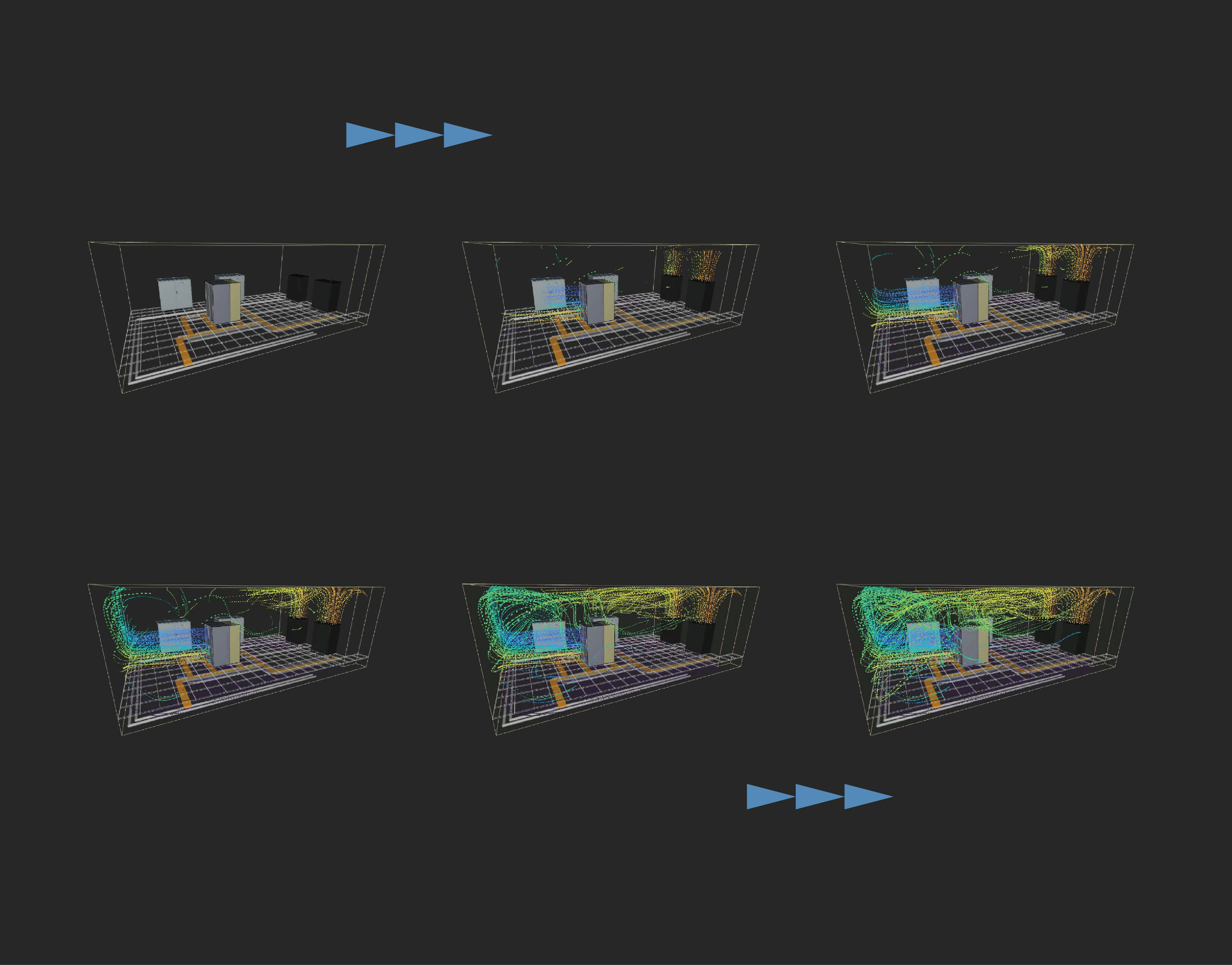 This simulation shows how air and heat move through a data center, helping engineers identify hot spots and refine cooling design before construction.